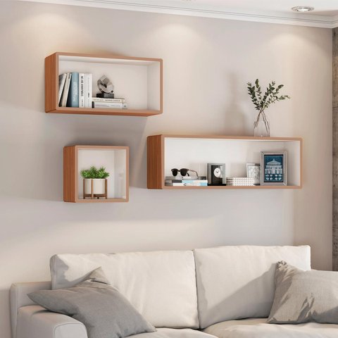 Conjunto 3 Nichos Decorativos para Sala de Parede em Mdf Freijó Off White Dalla Costa