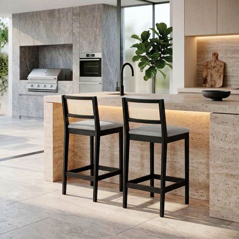 Banqueta Cozinha Média Madeira Preta Kit 2 Encosto Palhinha Austria I03 - D'Rossi