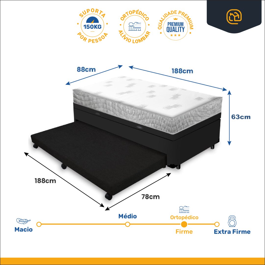 Cama Box Baú e Auxiliar Solteiro + Colchão de Espuma D23 Ortobom Light Liso 88 Cm - 5