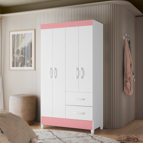 Guarda Roupa Mística 4 Portas Branco Rosa