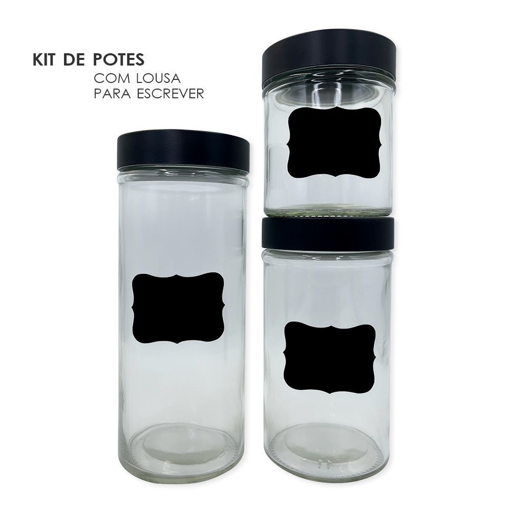 Conjunto 3 Potes Vidro com Tampa e Adesivo Lousa P/ Escrever - 2