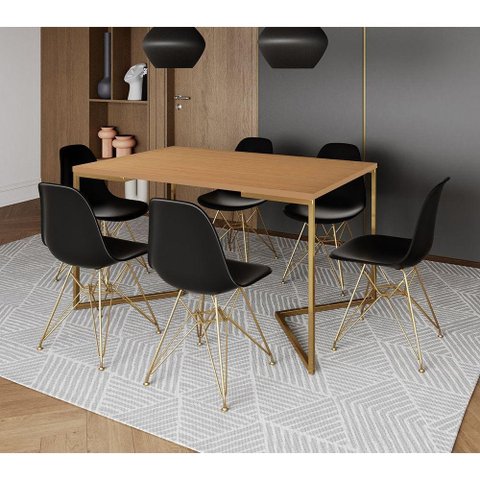 Mesa Jantar Industrial Retangular 137X90Cm Canela Base V Com 6 Cadeiras Pretas Base Dou Cor: Canela