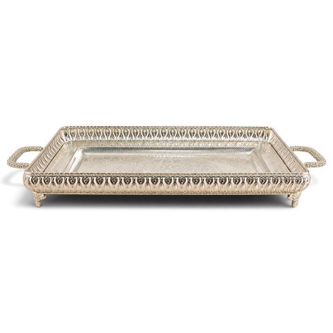 Bandeja Decorativa Retangular Prata com Alças e Detalhes Clássicos C: 54cm L: 34cm
