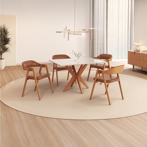 Conjunto Sala de Jantar com Tampo de Vidro Dona 4 Cadeiras Gaia Courino Marrom/Mel/Off White/Caramelo