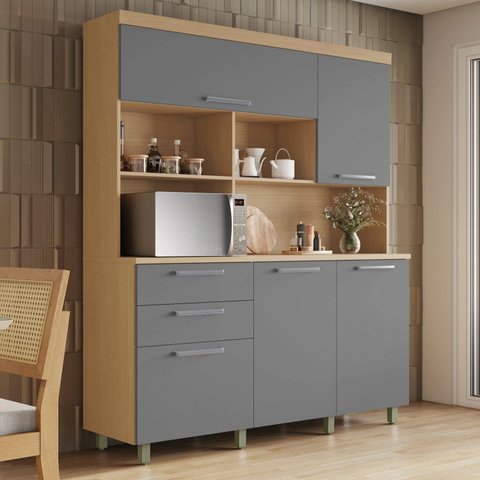 Armário de Cozinha 5 Portas 2 Gavetas 160cm 100% MDF Nobreza Marrom/Carvalho/Titânio
