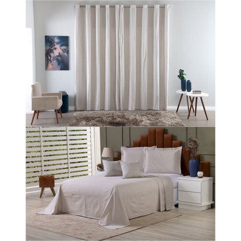 Kit Colcha Cobre Leito King + Cortina 2 Metros Tecido Rústico Topázio 6 Peças:bege Avelã