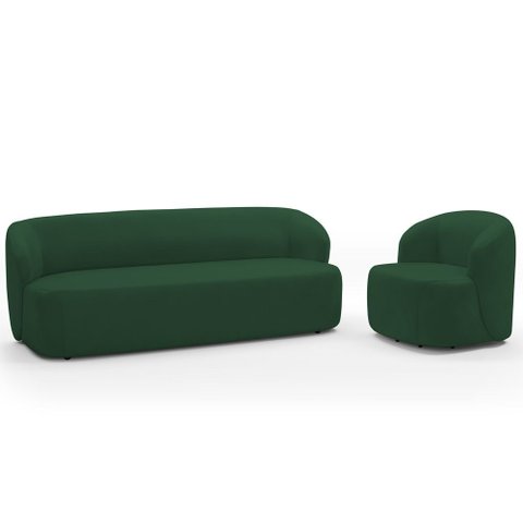 Sofá 3 Lugares 205cm com Poltrona Giratória Orgânica Heidy F04 Veludo Verde - Lyam Decor