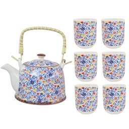 Bule Chaleira Cerâmica Oriental Decorativa com 6 Copos e Infusor Estampa 22 - 6