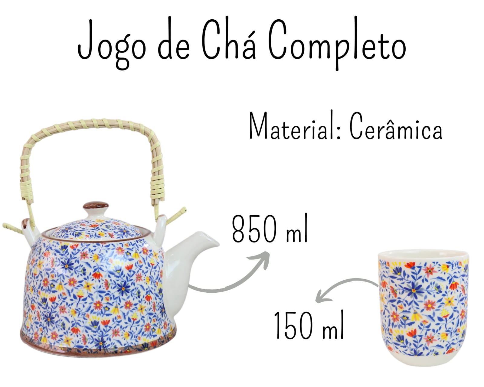 Bule Chaleira Cerâmica Oriental Decorativa com 6 Copos e Infusor Estampa 22 - 5