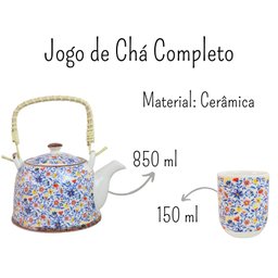 Bule Chaleira Cerâmica Oriental Decorativa com 6 Copos e Infusor Estampa 22 - 5