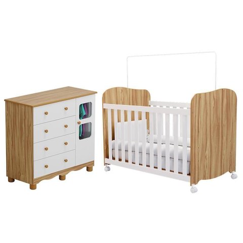 Jogo de Quarto Infantil Uli Cômoda e Berço Branco Brilho/amêndoa - Móveis Peroba