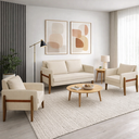 Ver imagem 1 de Sofá 2 Lugares Namoradeira e 2 Poltronas Decorativas Lana Linho Bege para Sala Base de Madeira