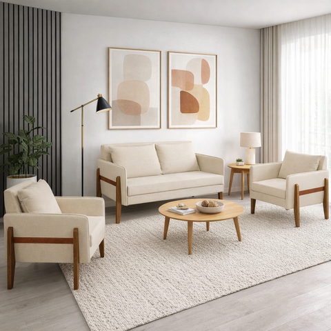 Sofá 2 Lugares Namoradeira e 2 Poltronas Decorativas Lana Linho Bege para Sala Base de Madeira