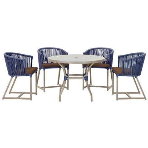 Mesa com 4 Cadeiras de Jantar Roma 100cm e Noronha em Aluminío Fendi Corda Nautica Estofado 9 Trama