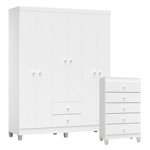 Cômoda Gaveteiro e Guarda Roupa 6 Portas Ternura Baby Branco Brilho - Incorplac