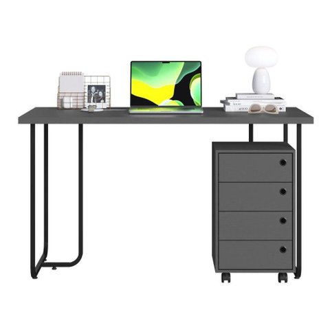 Mesa Escrivaninha com Gaveteiro P1069 e P1072 Industrial 4 Gavetas 135cm Grafite Placa & Ponto