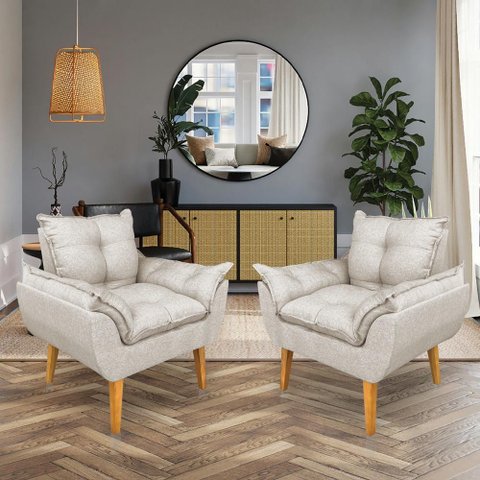 Kit 2 Poltronas Opala Decorativa Luxo Linho Bege Dal Poz Estofados
