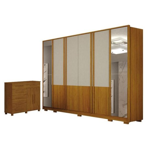 Guarda Roupa Casal Urban 6 Portas com Espelho Off White com Cômoda São Paulo 6 Gavetas 2 Portas Cina