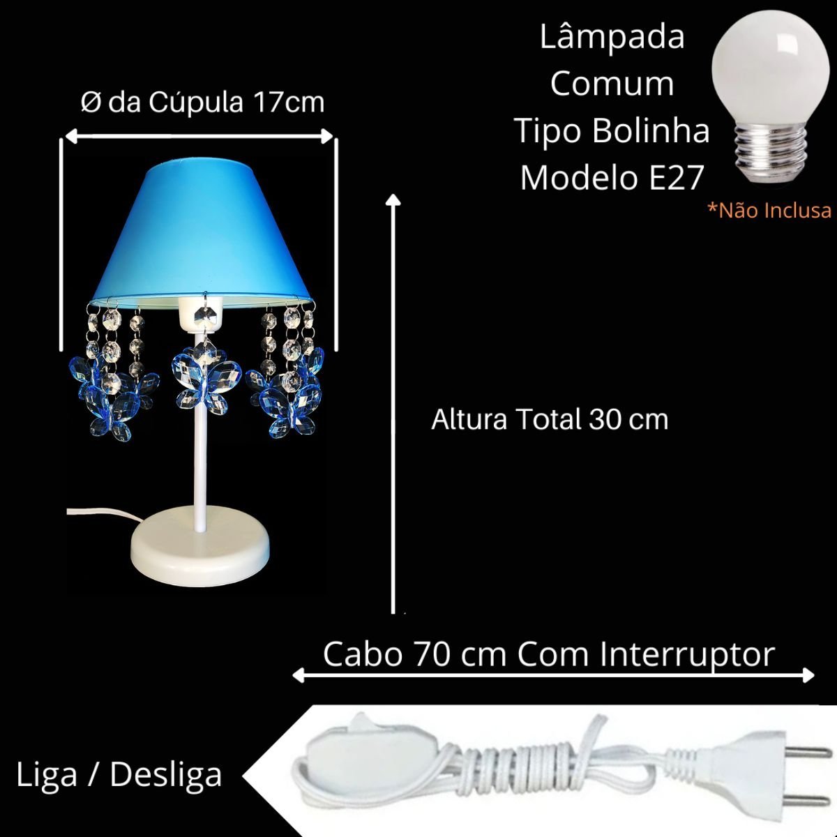 Luminária Infantil Borboletas Abajur para Mesa de Cabeceira Decoração Quarto de Menino Azul 17x30cm - 3