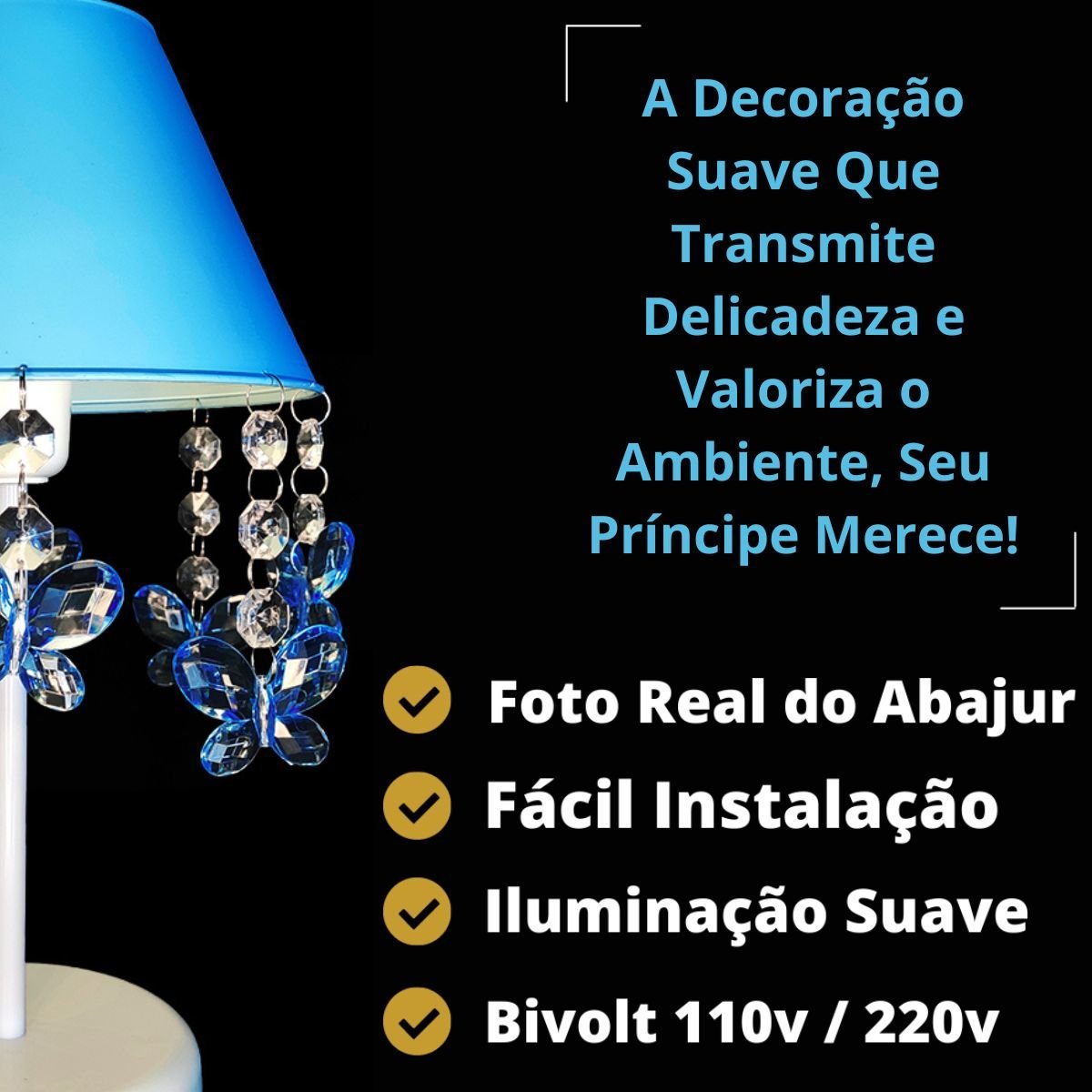 Luminária Infantil Borboletas Abajur para Mesa de Cabeceira Decoração Quarto de Menino Azul 17x30cm - 2