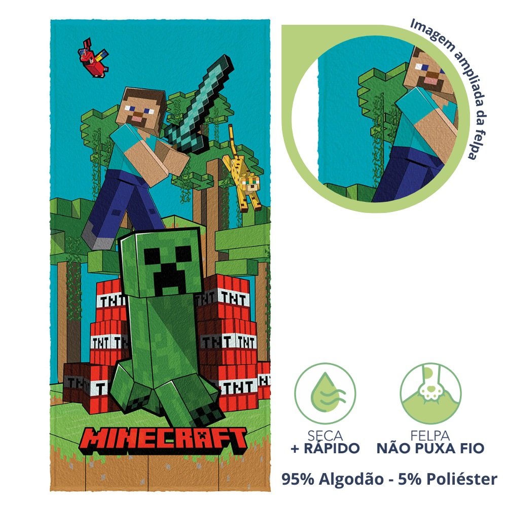 Toalha de Banho Infantil Minecraft Felpuda Algodão Praia Piscina Lepper - 3