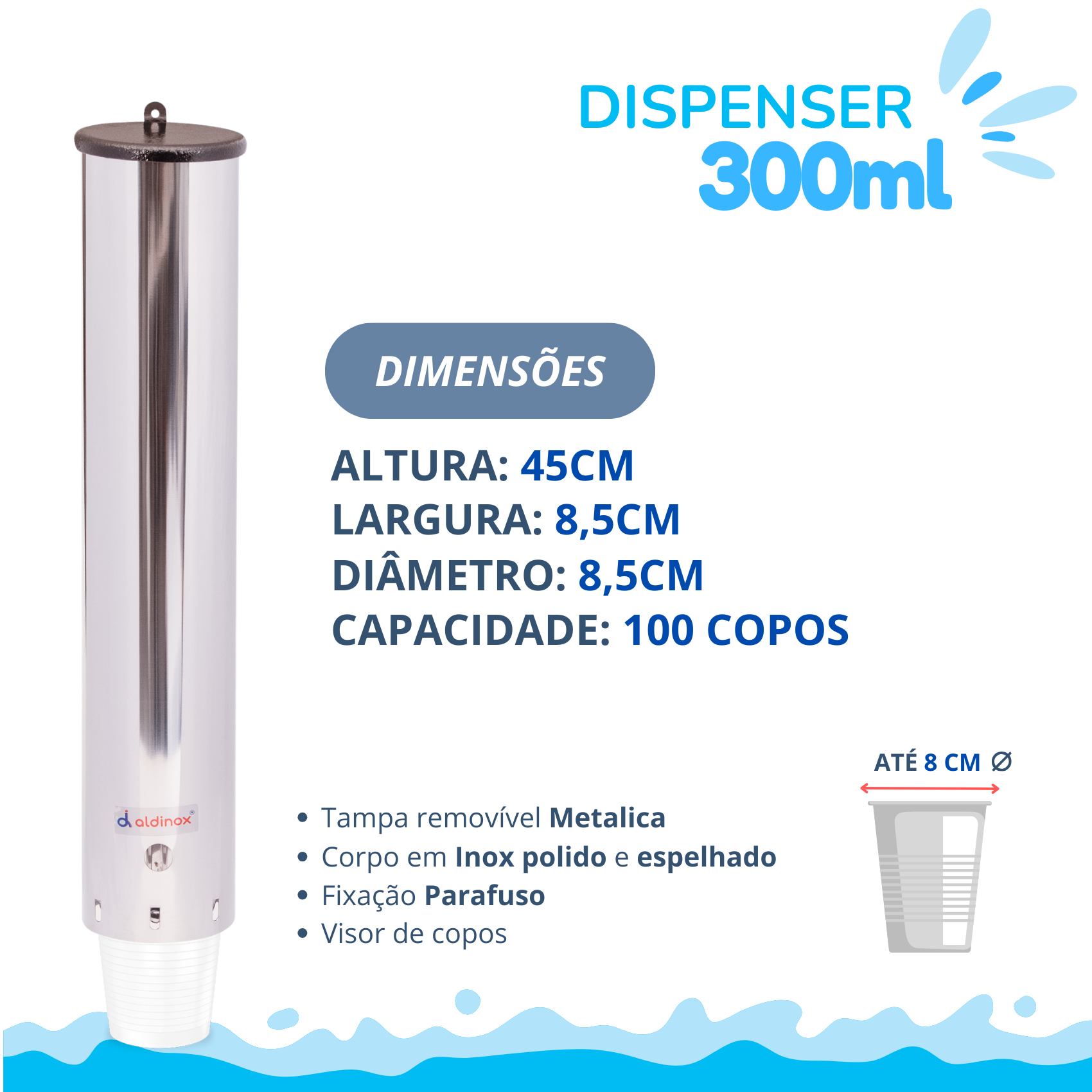 Dispenser Redondo Inox Água 300ml - 3