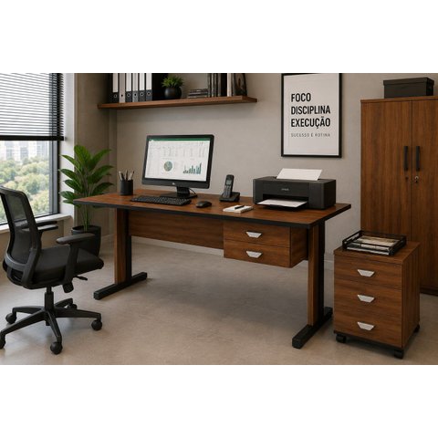 Mesa de Escritório 2 Gavetas 160cm Noce e Preto