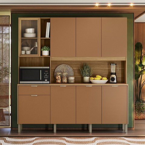 Cozinha Compacta 8 Portas 1 Gaveta 194,2 cm Nature Marrom Freijó/Caramelo