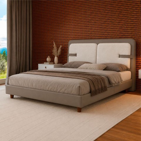 Cama Japonesa com Cabeceira Corea Yun Casal Courino Cinza / Linho Off White - Sallar Home