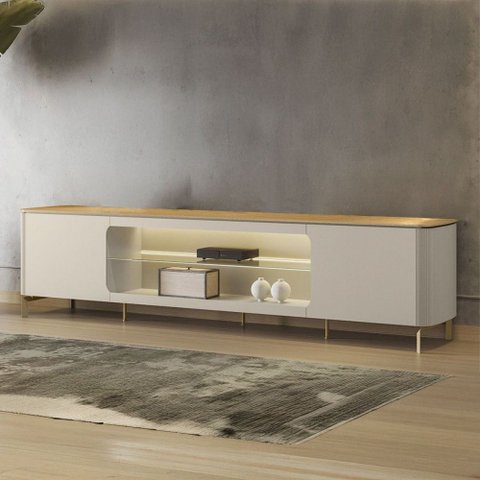 Rack para Tv até 85 Polegadas Elven 2 Portas com Vidro e Led Tauari/off White - Pnr Móveis