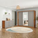 Ver imagem 1 de Conjunto Cômoda 8 Gavetas com Guarda Roupa 3 Portas Correr com Espelho Porto Cinza/Freijó