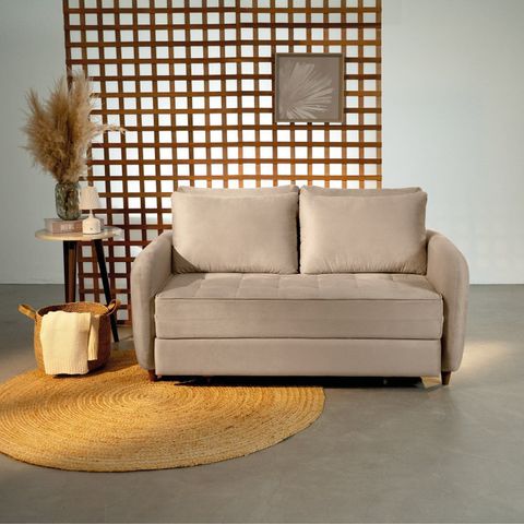 Sofá Cama Casal 2 Lugares Veludo Bege Mode 150cm CabeCasa MadeiraOriginals