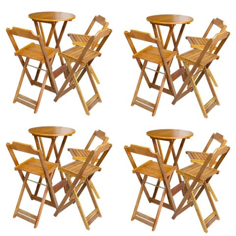 Kit 4 Conjuntos de Mesa Bistrô Dobravel em Madeira Maciça com 3 Banquetas Altas - Mel