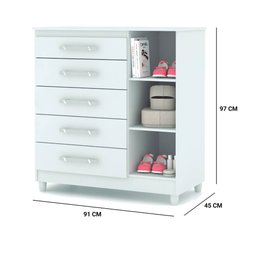 Cômoda Sapateira Lari 1 Porta 5 Gavetas Branco Camarim Tana Decor Vila Rica - 10