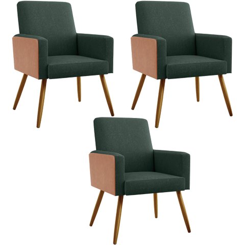 Kit 03 Poltronas Decorativa Maria W01 Pés Palito Linho Verde Musgo Couríssimo Camel - Lyam Decor