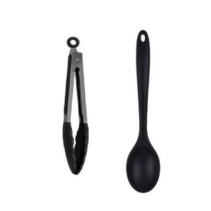 Jogo 2 Peças Colher de 28Cm e Pinça Multiuso de 25,5Cm Preta.