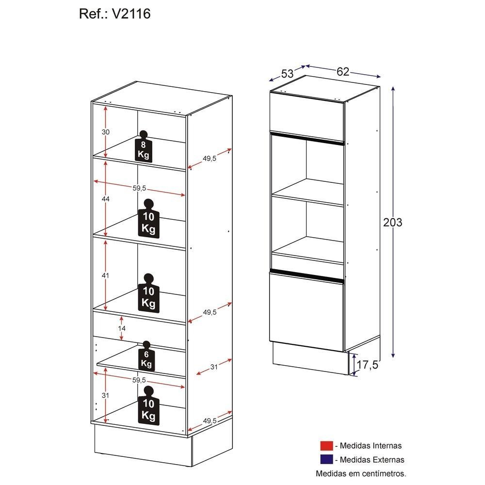 Paneleiro 2 Portas 63cm com Rodapé para Forno e Microondas Veneza Multimóveis V2116 Branco/Dourado - 3