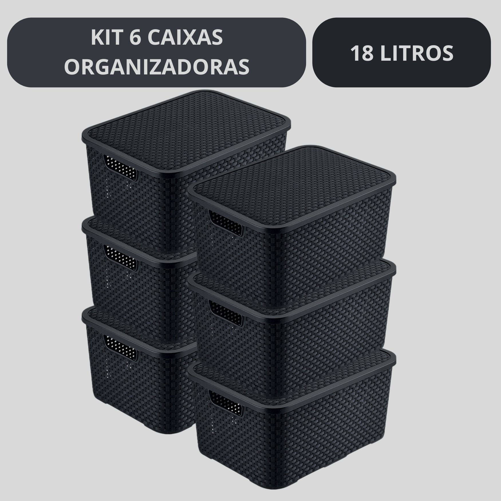 Kit 6 Caixas Organizadoras Multiuso Rattan 18 Lts com Tampa - 3