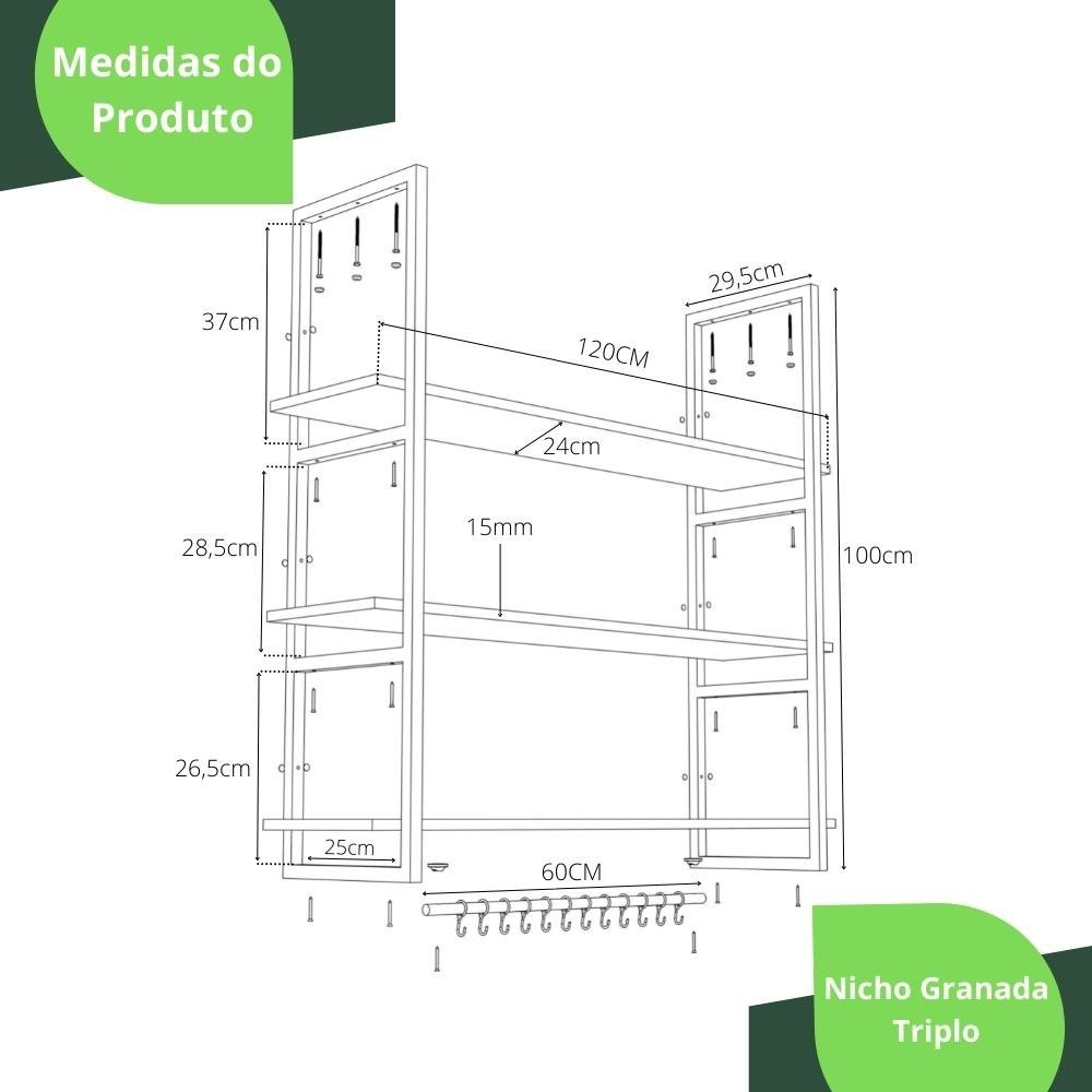 Prateleira Estilo Industrial Suspensa Teto Cozinha 1.20m PP - 5