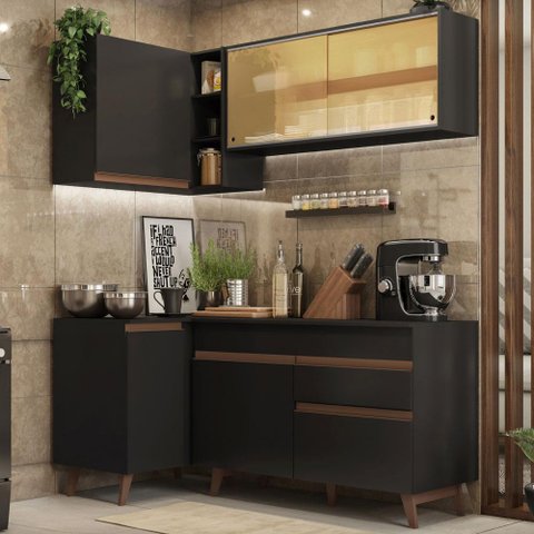 Armário de Cozinha Completa de Canto 262cm Preto Reims Madesa 01