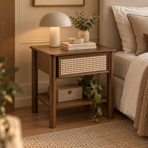 Mesa de Apoio com Gaveta Ratan Nature Laminada Castanho