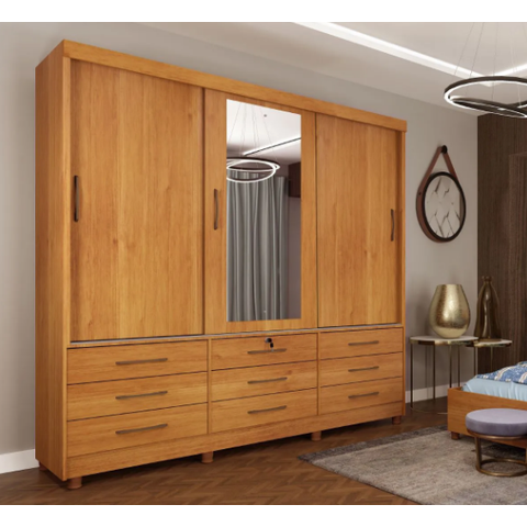Guarda Roupa Chicago 3 Portas com Espelho e Pés - Cinamomo - Móveis Tcil