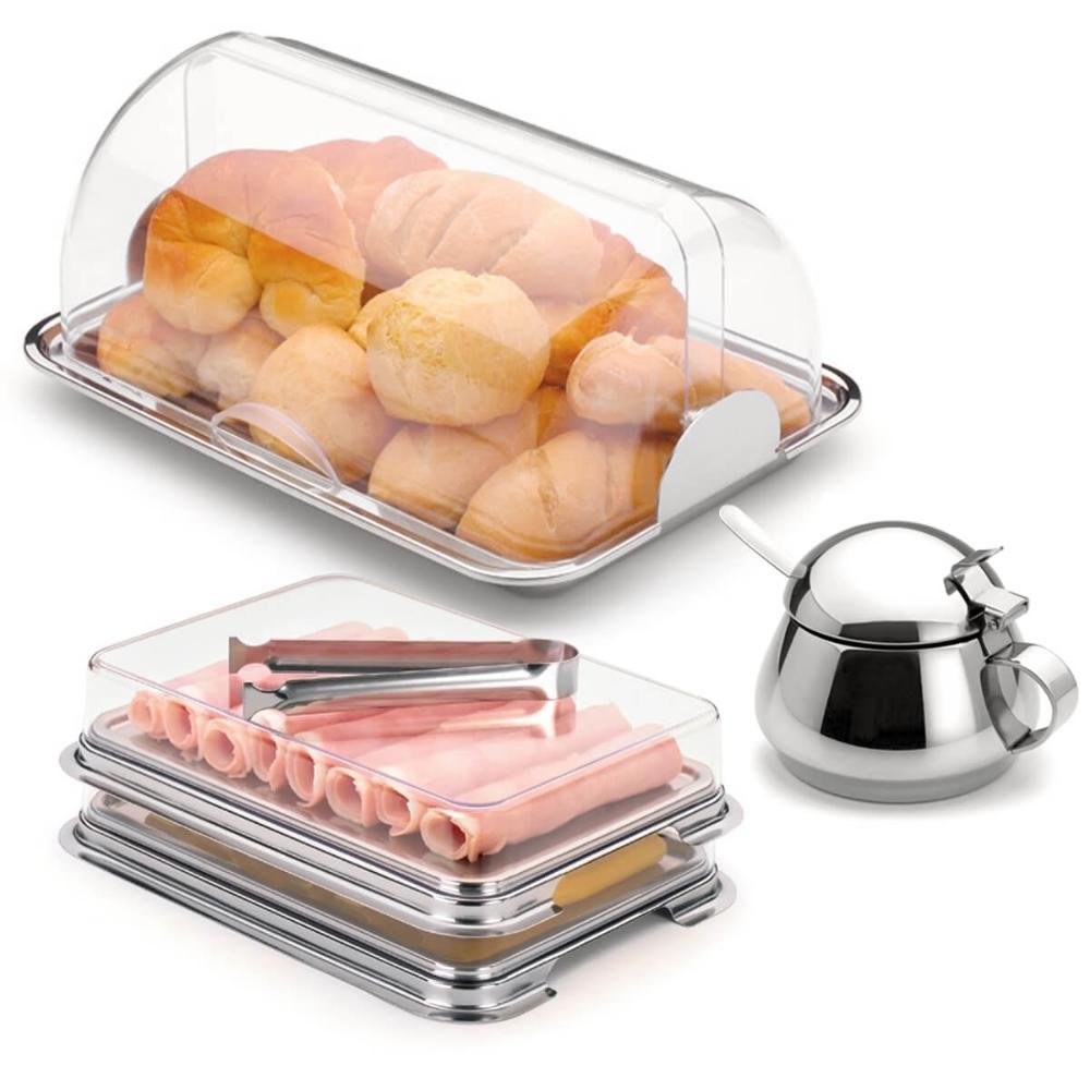 Kit Café da Manhã Porta Frios Duplo com Pegador Açucareiro e Porta Pão Aço Inox - 1