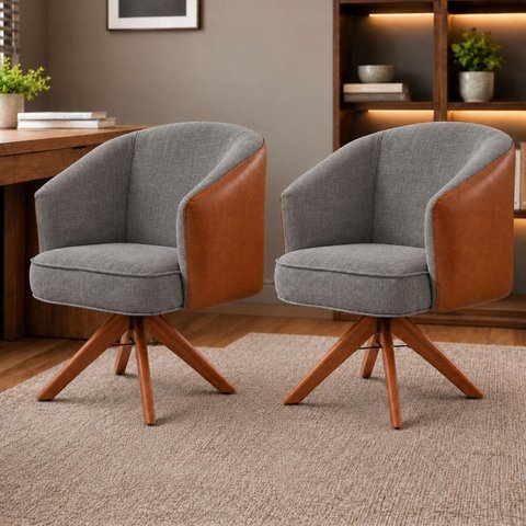 Kit 2 Poltronas Giratórias Linho Premium Base Madeira Maciça Juliana