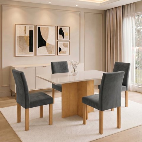 Conjunto de Mesa de Jantar 4 Lugares Retangular 120x80cm MDF Cinamomo Off White Grafite