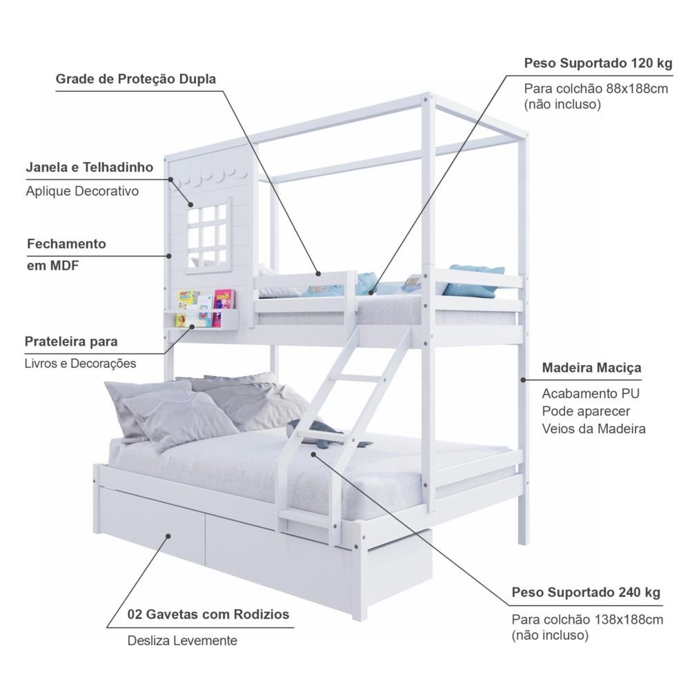 Beliche Casinha Reta Casal/ Solteiro com 02 Gavetas Madeira Maciça Branco Housin - 3