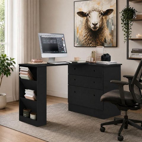 Cômoda Mesa de Escritório Retrátil Zoe 3 Gavetas MDP 91,30cm Preto Loja Sheep
