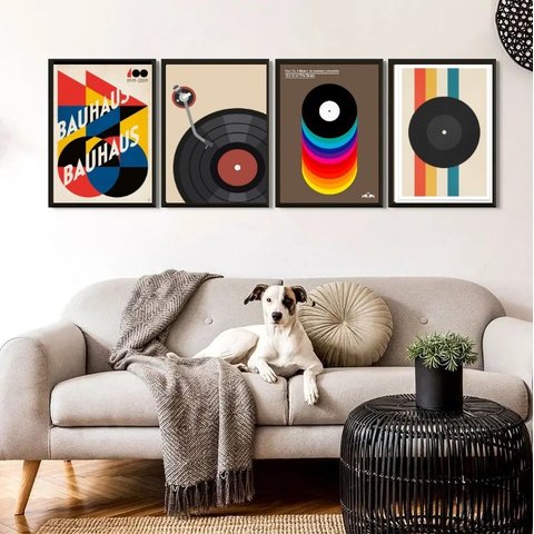 Kit 4 Quadros Abstratos Bauhaus Discos 24x18cm:madeira Preta