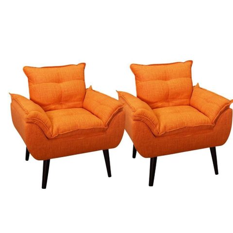 Kit 02 Poltrona/cadeira Decorativa Glamour Opala com Pés Quadrado Laranja Linho