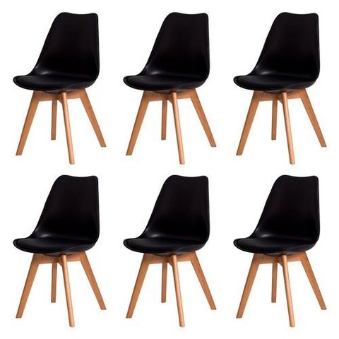 Kit C/6 Cadeiras Leda – Charles Eames, Saarinen Wood com Almofada Preta